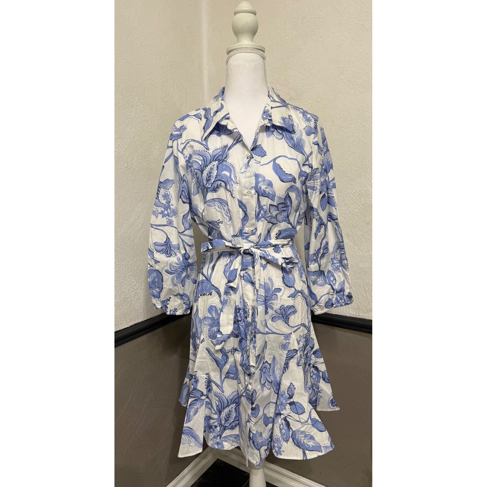 Cynthia Steffe Blue White Floral Cotton Shirt Dress Ruffle Hem Large NEW